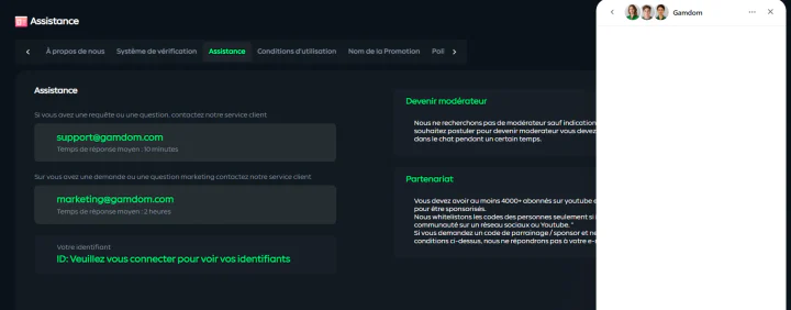 Service client et support en ligne 24/7 Gamdom Casino